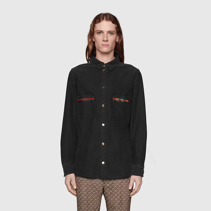 gucci web and horsebit detail black denim long‑sleeve shirt